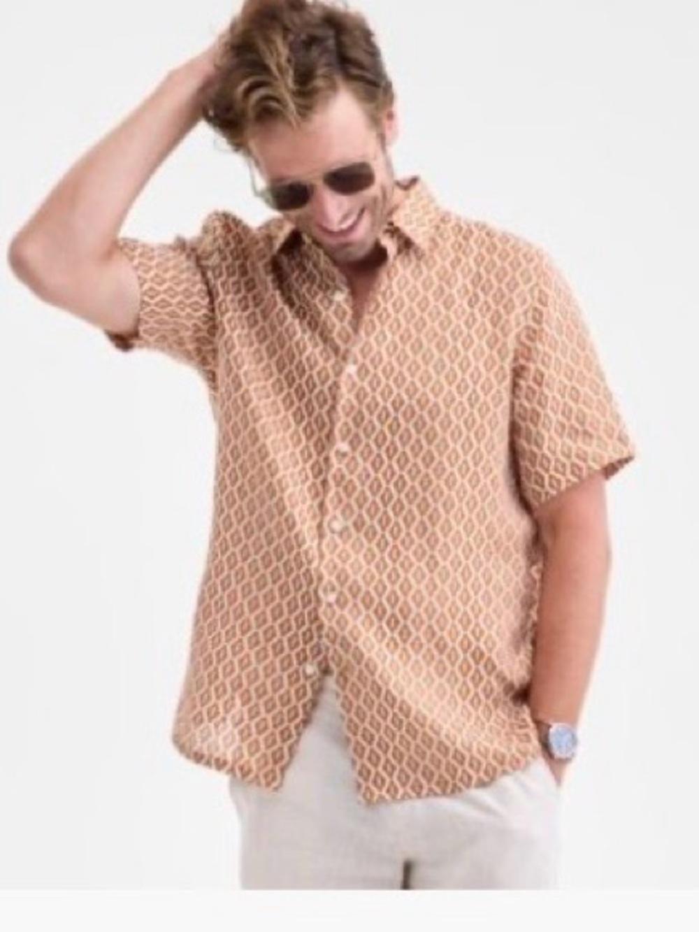 Club Room Orange and White Geometric Short Sleeve Button-Down Shirt
